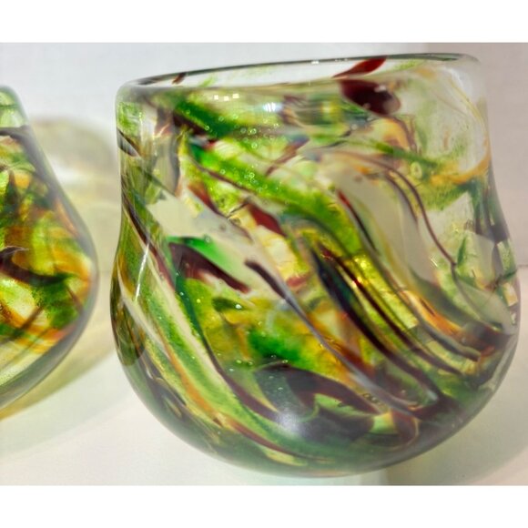 Handblown Art Glass Candle Holder Green Amber Swirl Unique Pair - Picture 2 of 6